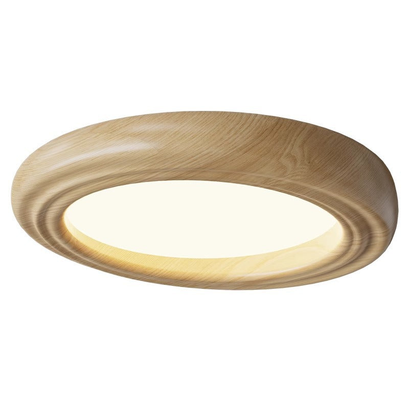 Traditional Japanese Round Iron Wood Grain ABS Shade LED Flush Mount Ceiling Light For Bedroom