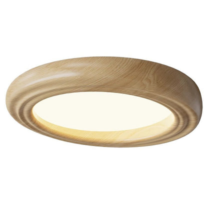Traditional Japanese Round Iron Wood Grain ABS Shade LED Flush Mount Ceiling Light For Bedroom