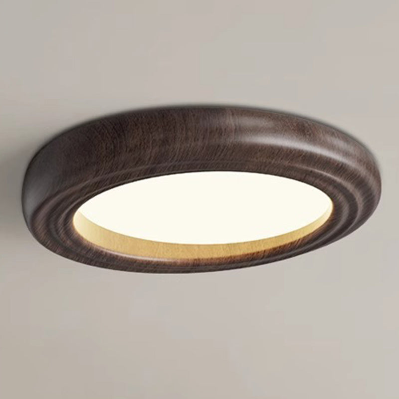 Traditional Japanese Round Iron Wood Grain ABS Shade LED Flush Mount Ceiling Light For Bedroom