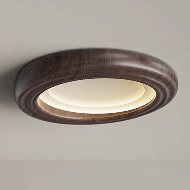 Traditional Japanese Round Iron Wood Grain ABS Shade LED Flush Mount Ceiling Light For Bedroom