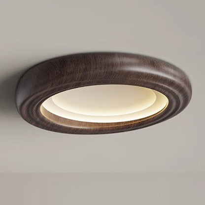 Traditional Japanese Round Iron Wood Grain ABS Shade LED Flush Mount Ceiling Light For Bedroom