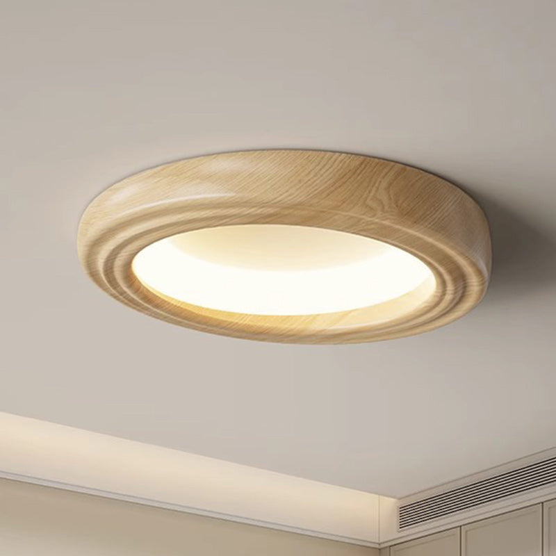Traditional Japanese Round Iron Wood Grain ABS Shade LED Flush Mount Ceiling Light For Bedroom