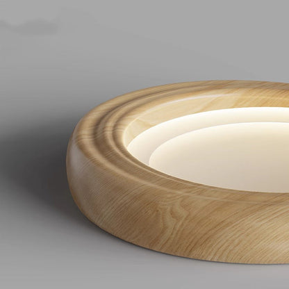 Traditional Japanese Round Iron Wood Grain ABS Shade LED Flush Mount Ceiling Light For Bedroom