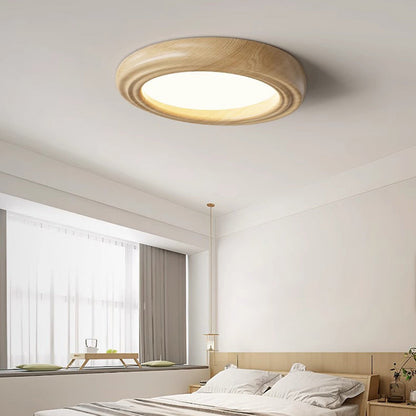 Traditional Japanese Round Iron Wood Grain ABS Shade LED Flush Mount Ceiling Light For Bedroom