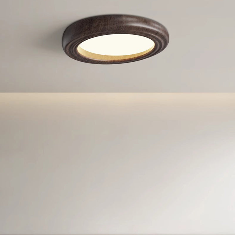 Traditional Japanese Round Iron Wood Grain ABS Shade LED Flush Mount Ceiling Light For Bedroom