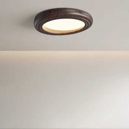 Traditional Japanese Round Iron Wood Grain ABS Shade LED Flush Mount Ceiling Light For Bedroom