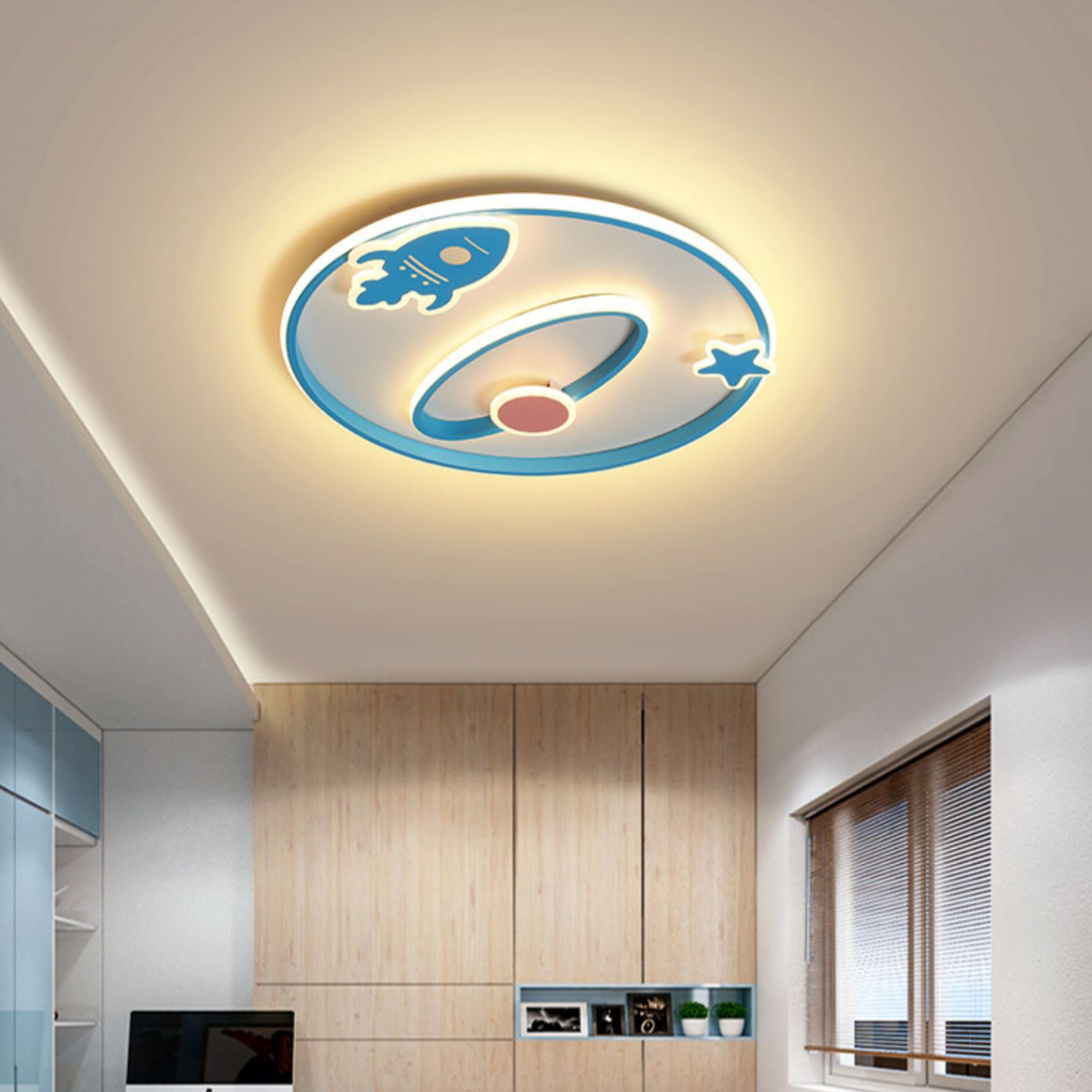 Contemporary Creative Cartoon Space Rocket Iron Acrylic LED Flush Mount Ceiling Light For Bedroom