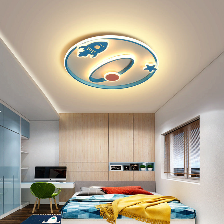Contemporary Creative Cartoon Space Rocket Iron Acrylic LED Flush Mount Ceiling Light For Bedroom