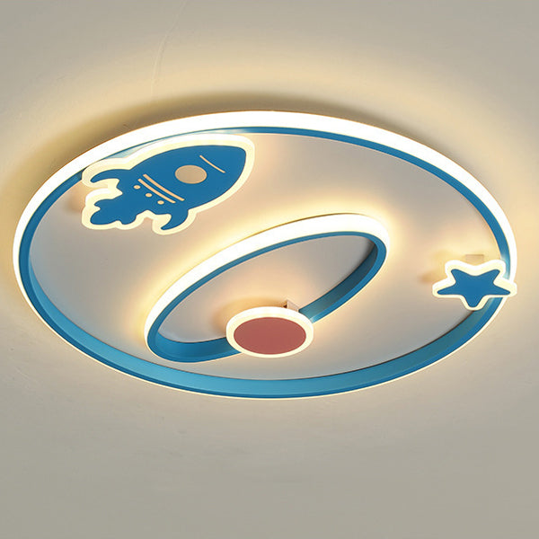Contemporary Creative Cartoon Space Rocket Iron Acrylic LED Flush Mount Ceiling Light For Bedroom