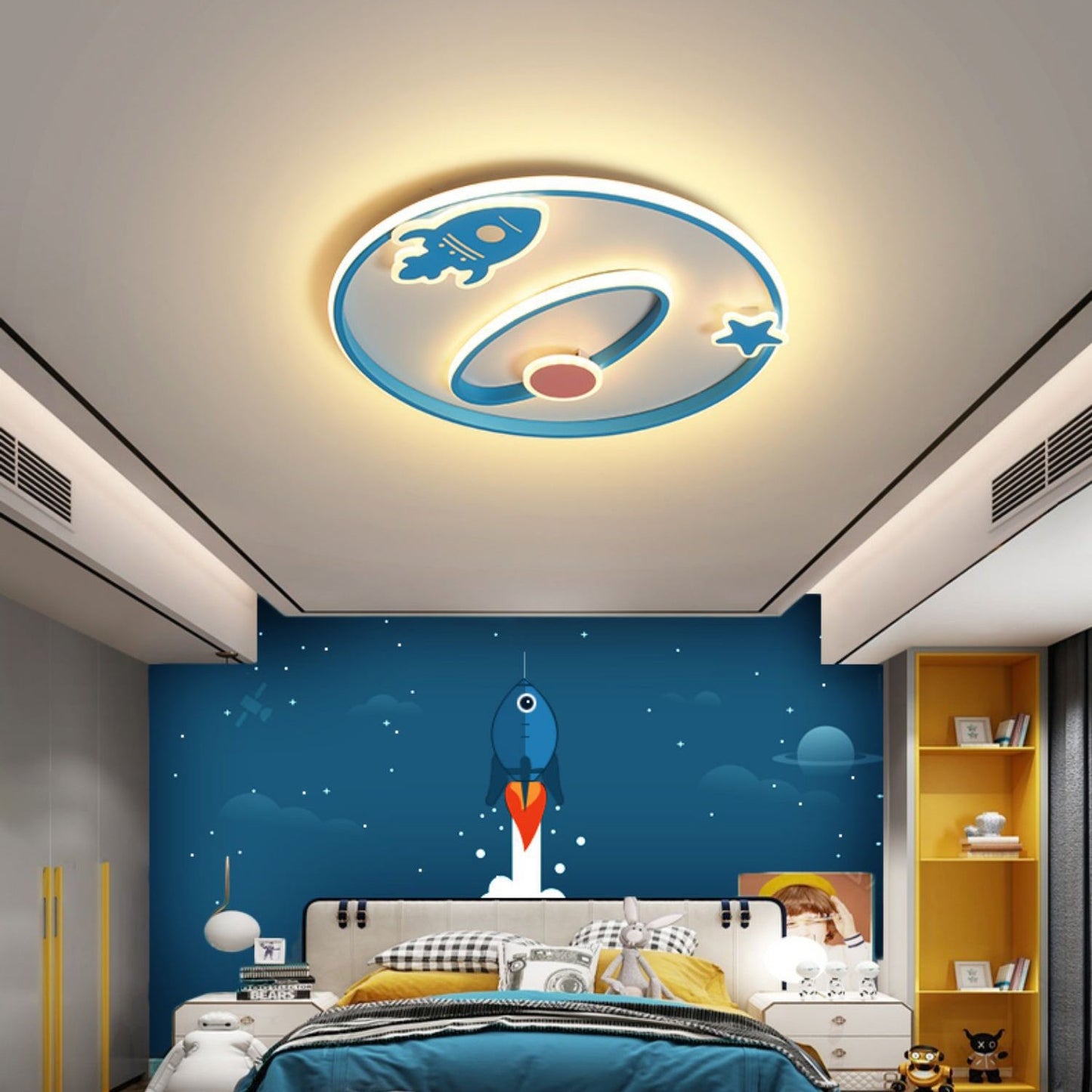 Contemporary Creative Cartoon Space Rocket Iron Acrylic LED Flush Mount Ceiling Light For Bedroom
