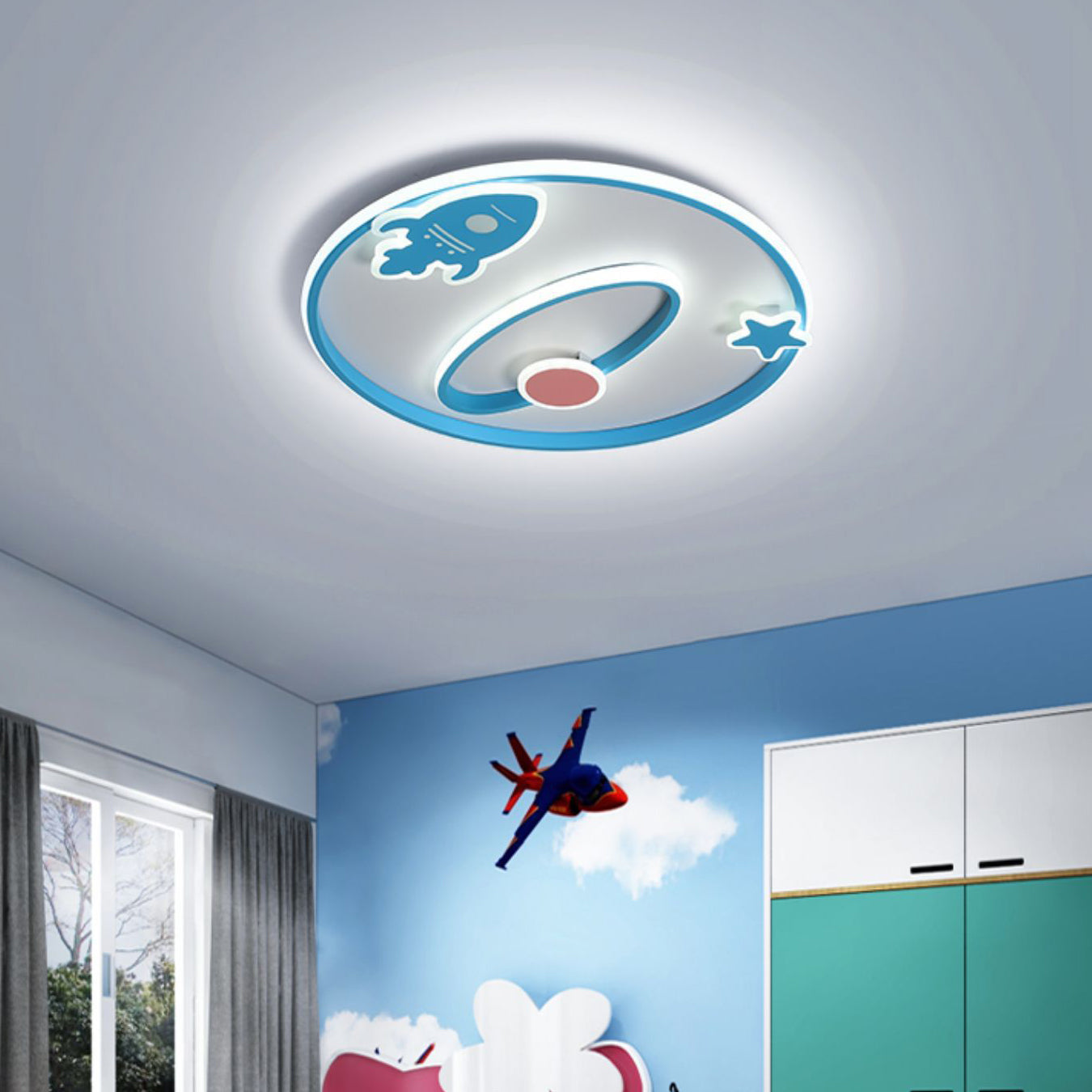 Contemporary Creative Cartoon Space Rocket Iron Acrylic LED Flush Mount Ceiling Light For Bedroom