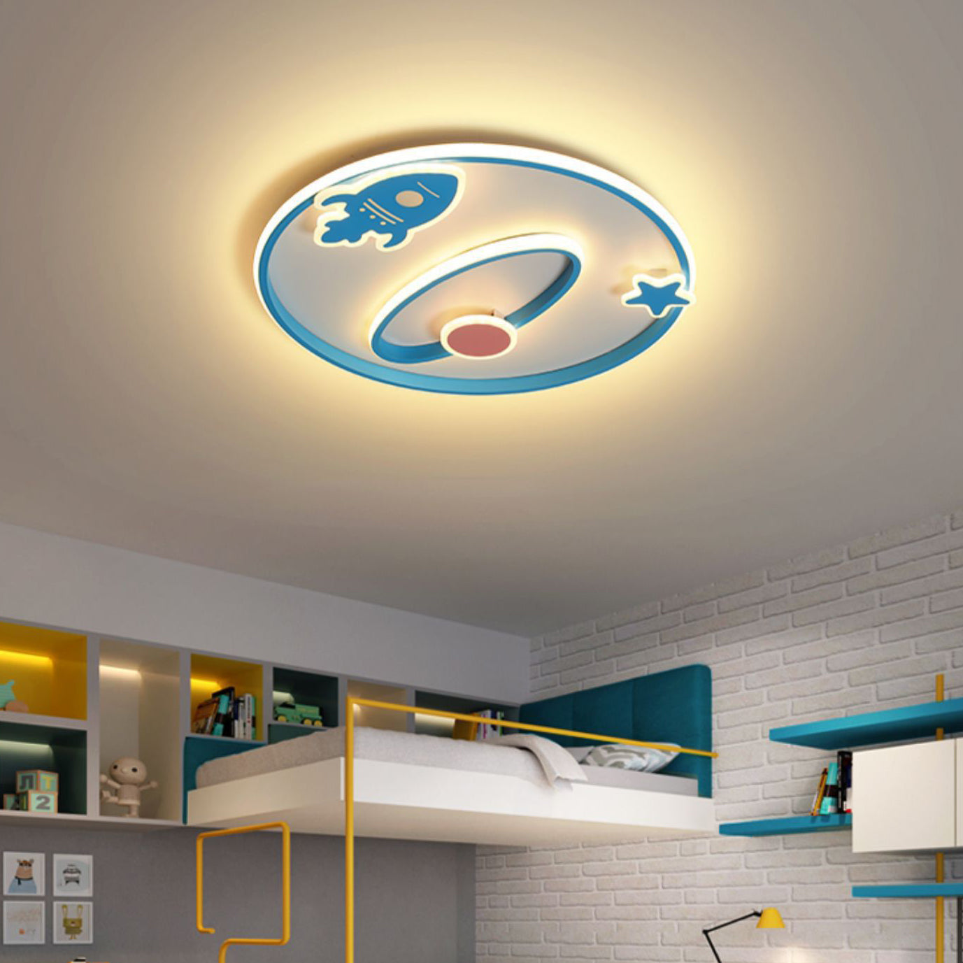 Contemporary Creative Cartoon Space Rocket Iron Acrylic LED Flush Mount Ceiling Light For Bedroom