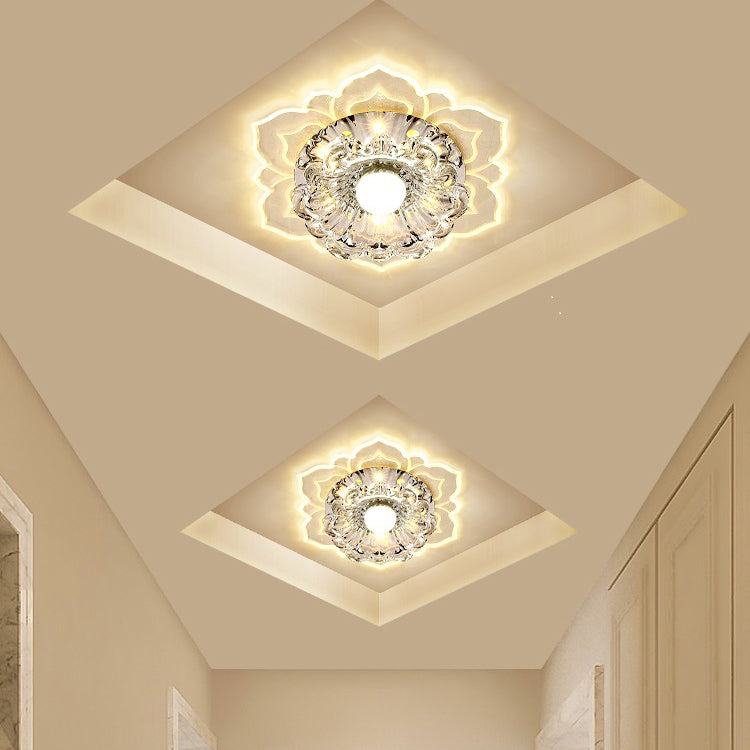 Contemporary Luxury Floral Dazzling Crystal Acrylic LED Flush Mount Ceiling Light For Hallway