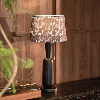Traditional Colonial Plaid Fabric Round Shade Solid Wood Column Base 1-Light Table Lamp For Bedroom