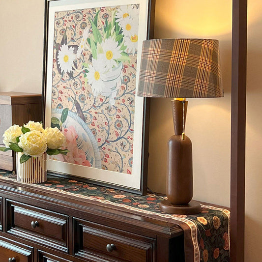 Traditional Colonial Plaid Fabric Round Shade Solid Wood Column Base 1-Light Table Lamp For Bedroom