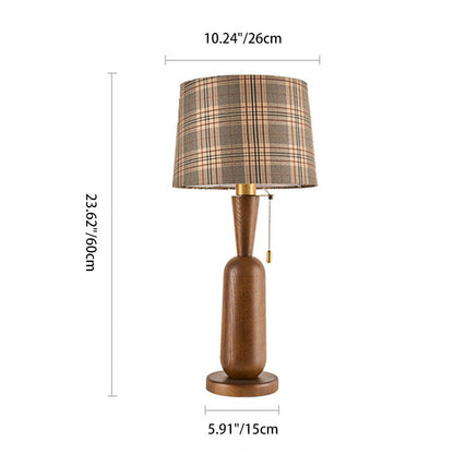 Traditional Colonial Plaid Fabric Round Shade Solid Wood Column Base 1-Light Table Lamp For Bedroom