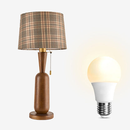 Traditional Colonial Plaid Fabric Round Shade Solid Wood Column Base 1-Light Table Lamp For Bedroom