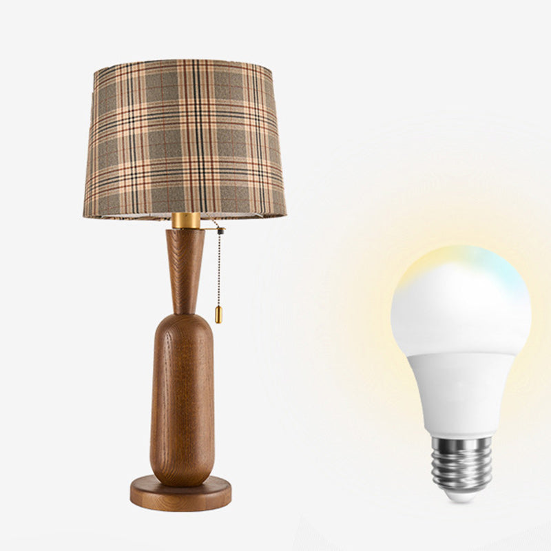 Traditional Colonial Plaid Fabric Round Shade Solid Wood Column Base 1-Light Table Lamp For Bedroom