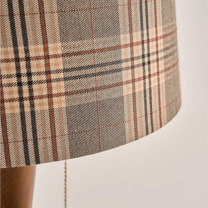 Traditional Colonial Plaid Fabric Round Shade Solid Wood Column Base 1-Light Table Lamp For Bedroom