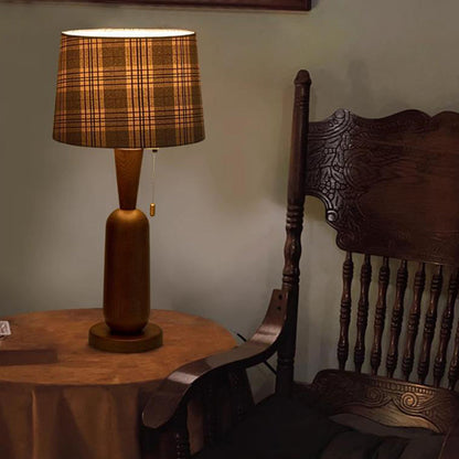 Traditional Colonial Plaid Fabric Round Shade Solid Wood Column Base 1-Light Table Lamp For Bedroom