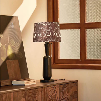 Traditional Colonial Plaid Fabric Round Shade Solid Wood Column Base 1-Light Table Lamp For Bedroom
