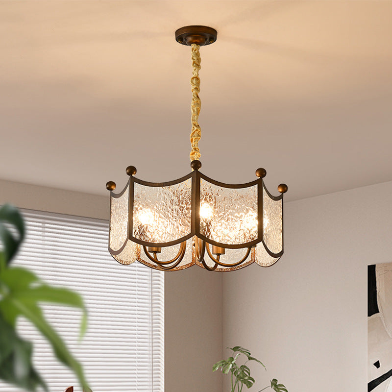 Traditional French Corrugated Ripple Glass Shade Hardware 5-Light Chandelier For Living Room