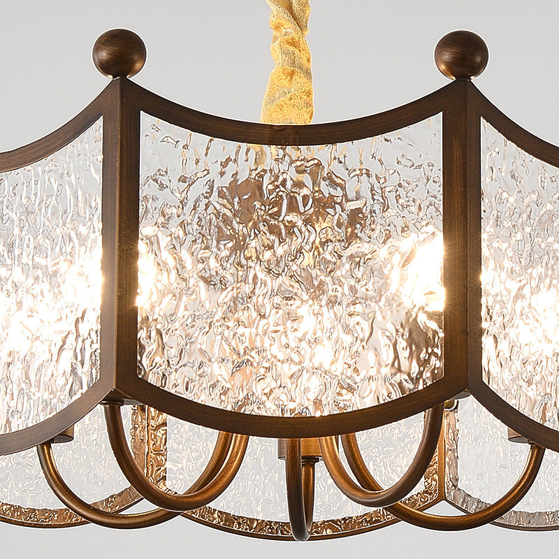Traditional French Corrugated Ripple Glass Shade Hardware 5-Light Chandelier For Living Room