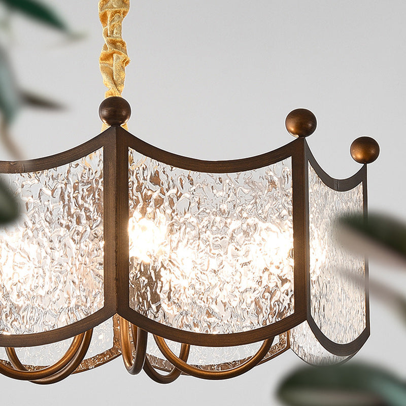 Traditional French Corrugated Ripple Glass Shade Hardware 5-Light Chandelier For Living Room