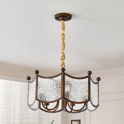 Traditional French Corrugated Ripple Glass Shade Hardware 5-Light Chandelier For Living Room