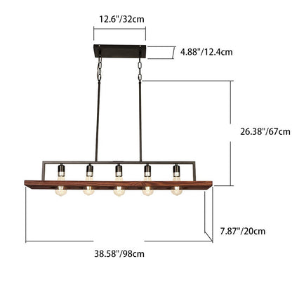 Traditional Farmhouse Rectangular Solid Wood Iron 5-Light Island Light Chandelier For Living Room