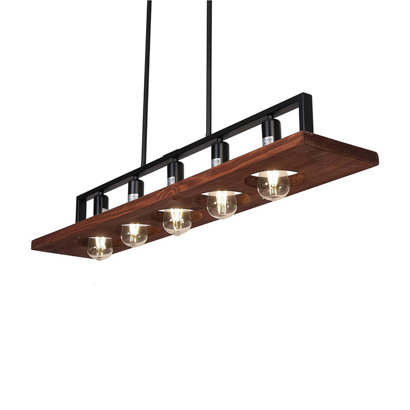 Traditional Farmhouse Rectangular Solid Wood Iron 5-Light Island Light Chandelier For Living Room