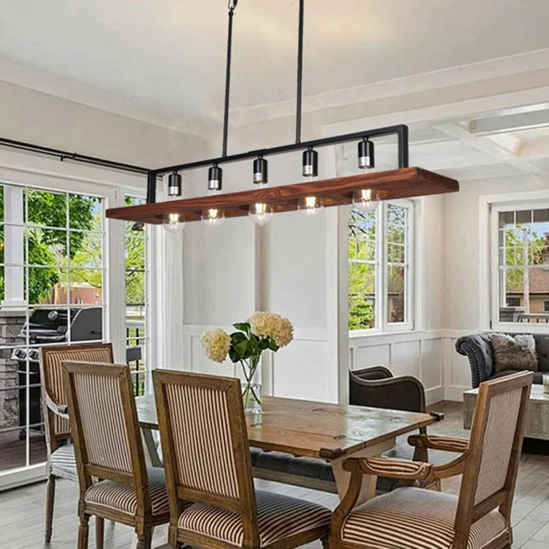 Traditional Farmhouse Rectangular Solid Wood Iron 5-Light Island Light Chandelier For Living Room
