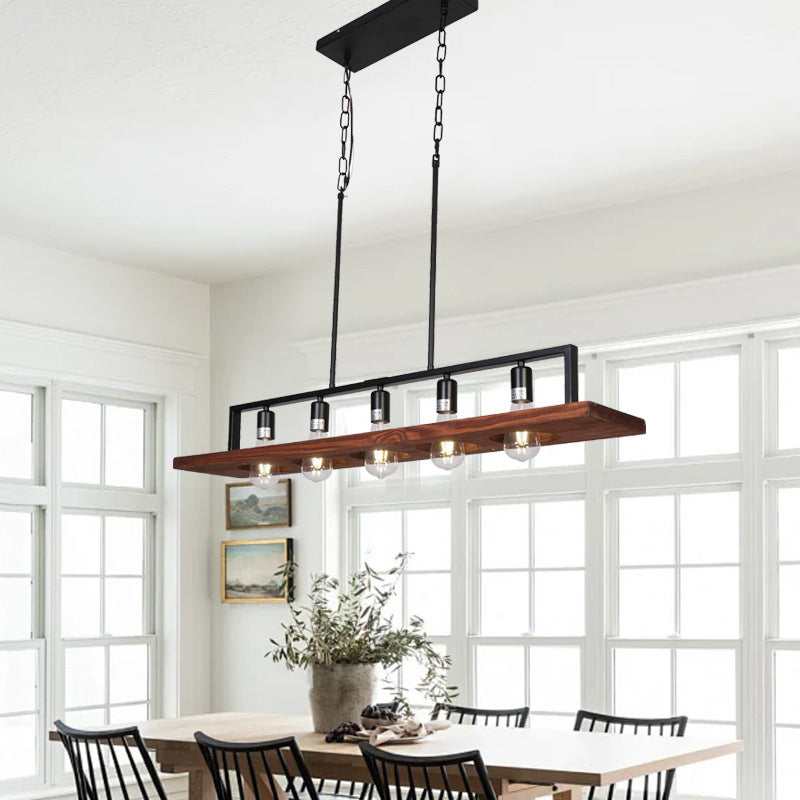 Traditional Farmhouse Rectangular Solid Wood Iron 5-Light Island Light Chandelier For Living Room