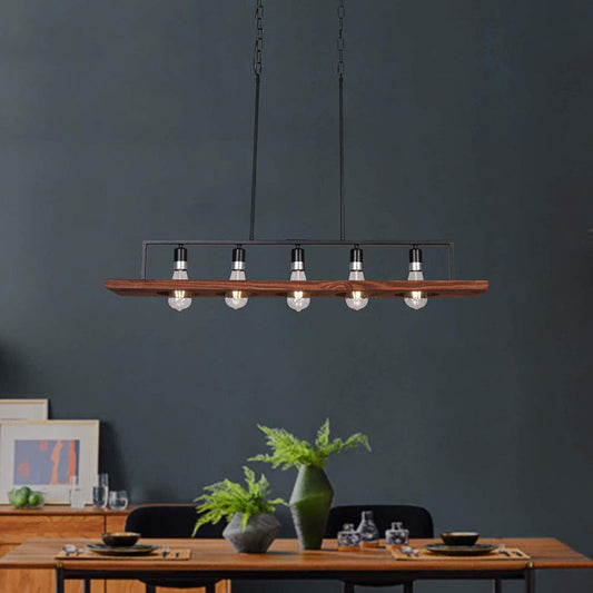 Traditional Farmhouse Rectangular Solid Wood Iron 5-Light Island Light Chandelier For Living Room