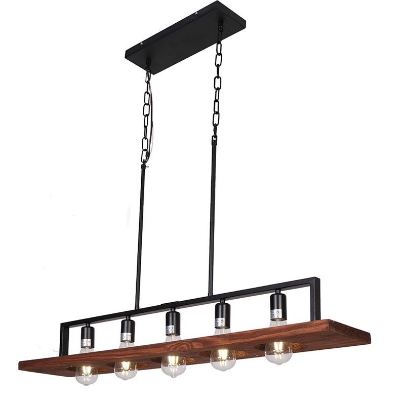 Traditional Farmhouse Rectangular Solid Wood Iron 5-Light Island Light Chandelier For Living Room