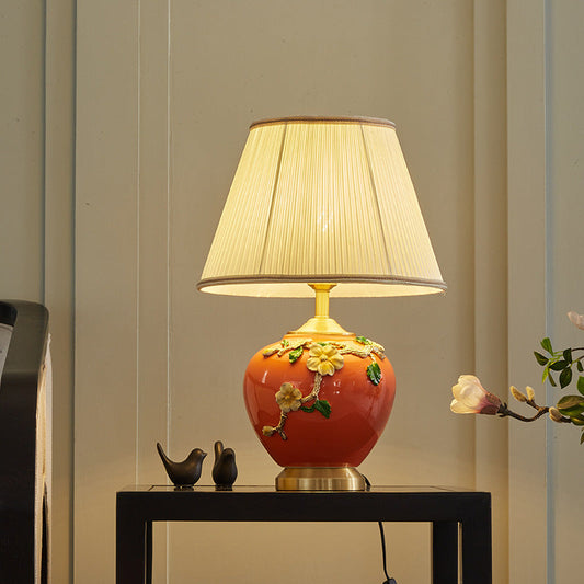 Traditional Chinese Pleated Fabric Shade Enameled Ceramic Vase Base 1-Light Table Lamp For Bedroom