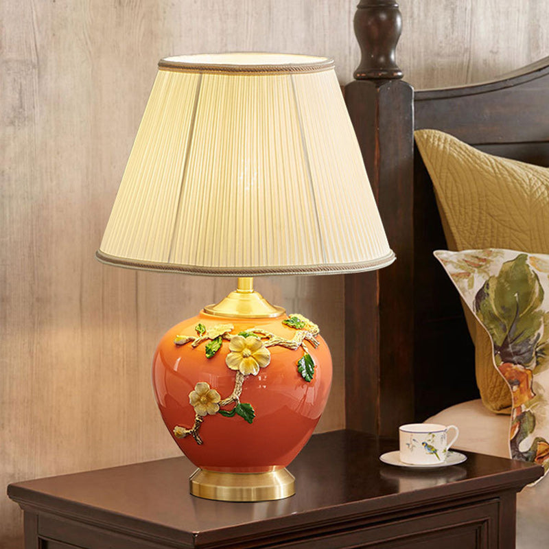 Traditional Chinese Pleated Fabric Shade Enameled Ceramic Vase Base 1-Light Table Lamp For Bedroom