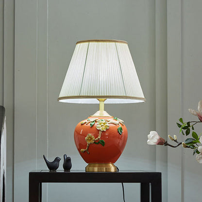 Traditional Chinese Pleated Fabric Shade Enameled Ceramic Vase Base 1-Light Table Lamp For Bedroom