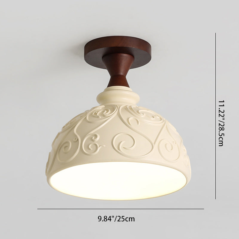 Modern Transitional Solid Wood Semicircle Carving Resin Shade 1-Light Semi-Flush Mount Ceiling Light For Living Room