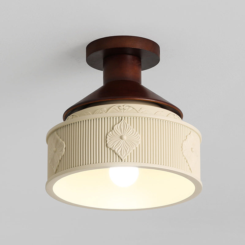 Modern Transitional Solid Wood Semicircle Carving Resin Shade 1-Light Semi-Flush Mount Ceiling Light For Living Room