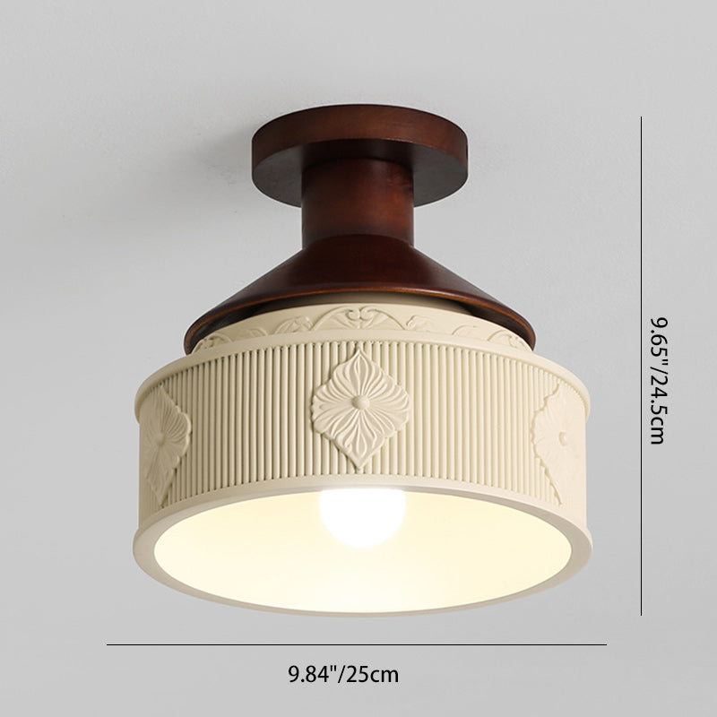 Modern Transitional Solid Wood Semicircle Carving Resin Shade 1-Light Semi-Flush Mount Ceiling Light For Living Room