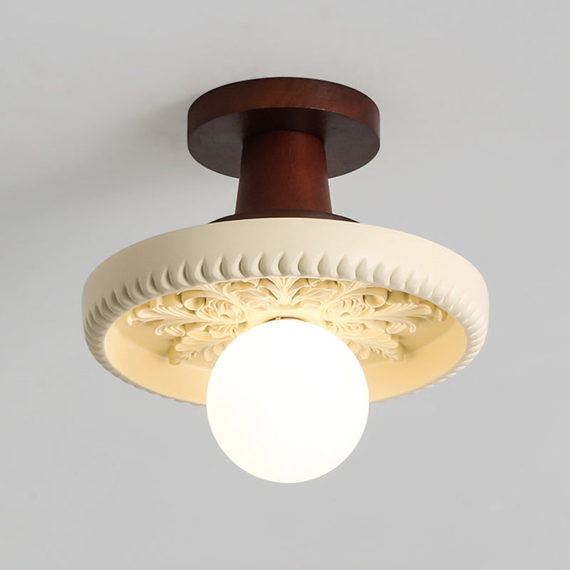 Modern Transitional Solid Wood Semicircle Carving Resin Shade 1-Light Semi-Flush Mount Ceiling Light For Living Room