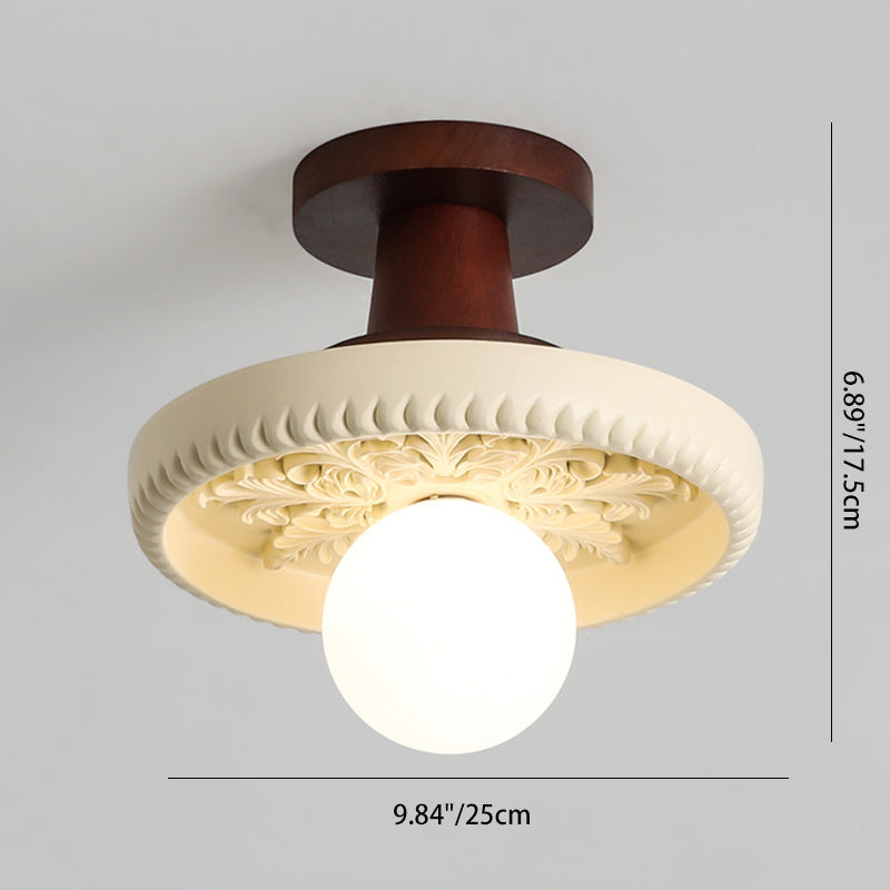 Modern Transitional Solid Wood Semicircle Carving Resin Shade 1-Light Semi-Flush Mount Ceiling Light For Living Room