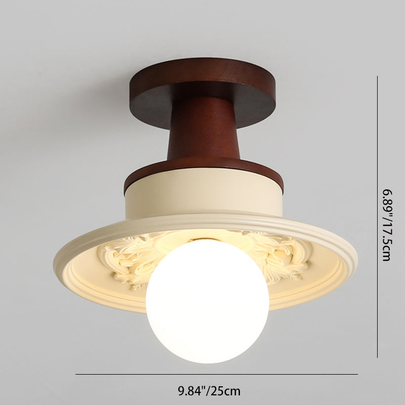Modern Transitional Solid Wood Semicircle Carving Resin Shade 1-Light Semi-Flush Mount Ceiling Light For Living Room