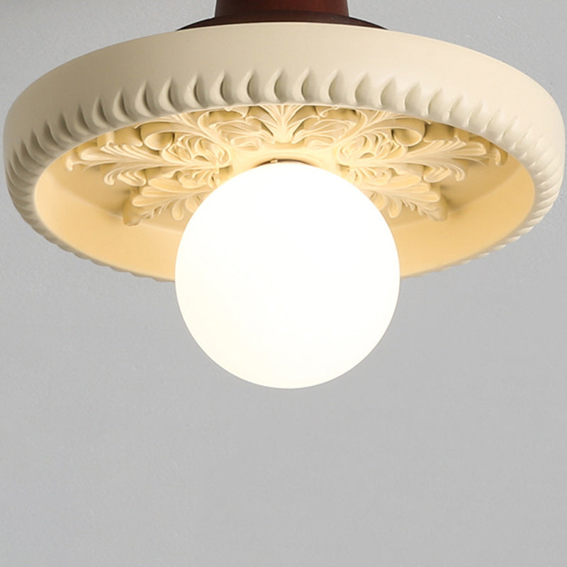 Modern Transitional Solid Wood Semicircle Carving Resin Shade 1-Light Semi-Flush Mount Ceiling Light For Living Room