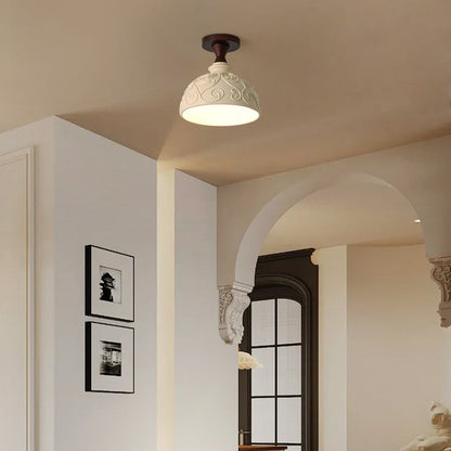 Modern Transitional Solid Wood Semicircle Carving Resin Shade 1-Light Semi-Flush Mount Ceiling Light For Living Room
