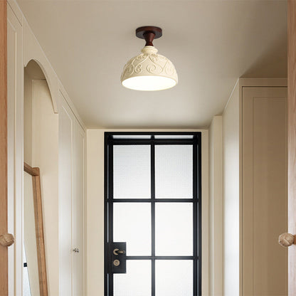 Modern Transitional Solid Wood Semicircle Carving Resin Shade 1-Light Semi-Flush Mount Ceiling Light For Living Room