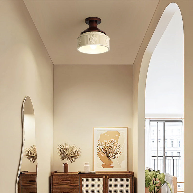 Modern Transitional Solid Wood Semicircle Carving Resin Shade 1-Light Semi-Flush Mount Ceiling Light For Living Room