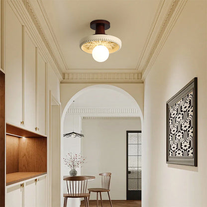 Modern Transitional Solid Wood Semicircle Carving Resin Shade 1-Light Semi-Flush Mount Ceiling Light For Living Room