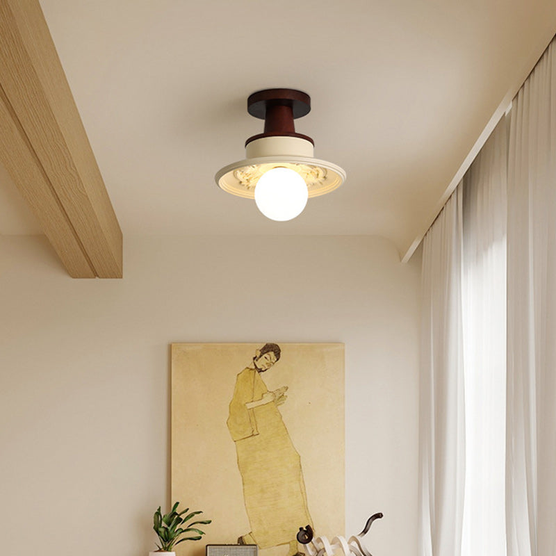 Modern Transitional Solid Wood Semicircle Carving Resin Shade 1-Light Semi-Flush Mount Ceiling Light For Living Room